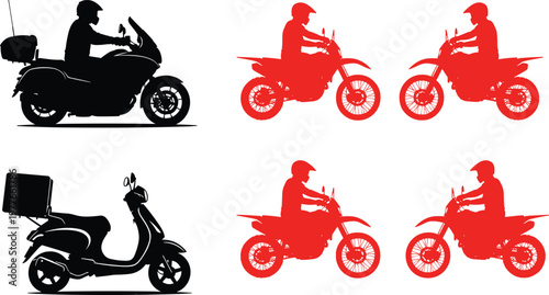 Motorcycle and scooter rider silhouettes set with delivery bike and dirt bike red black vector illustration collection