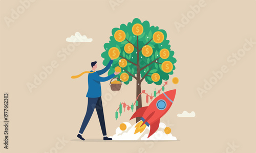 Harvest money rocket market prosperity, economic boom, savings or investing concept, businessman harvesting dollar coin from growing money tree