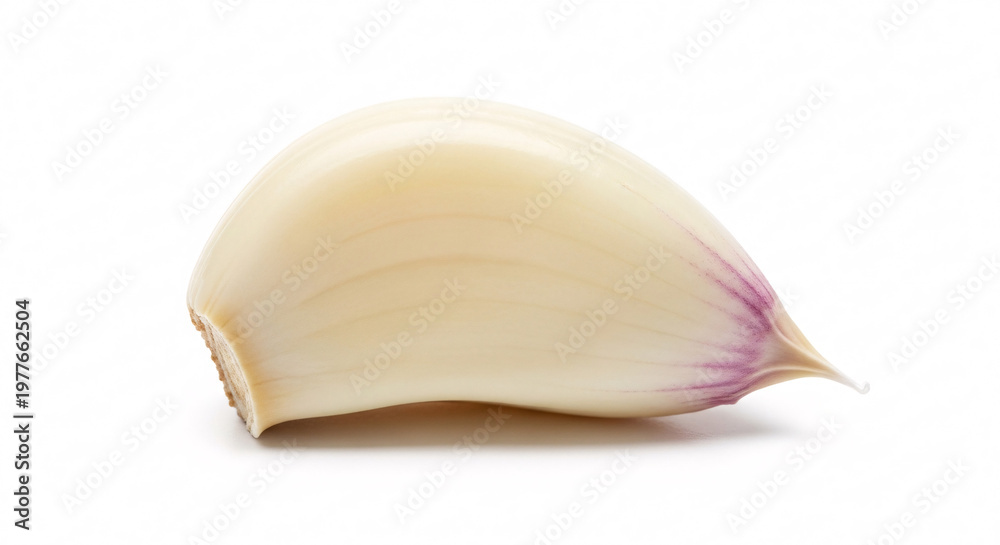 Fototapeta premium Single Garlic Clove with Smooth White Skin and Faint Purple Hues on White Background with Detailed Texture and Fine Shadows