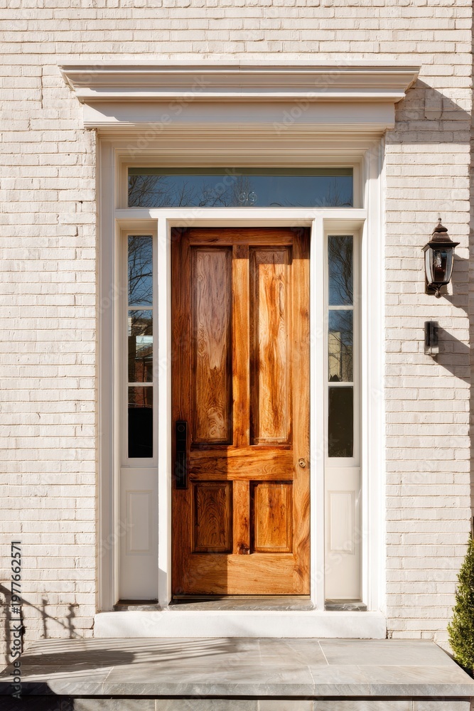 Fototapeta premium Classic maple wood front door with two sidelights and transom on a newly renovated Washington DC exterior