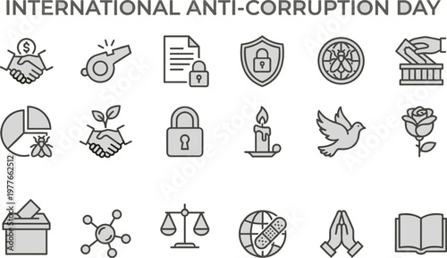 International Anti Corruption Day icons set with symbols of integrity and justice