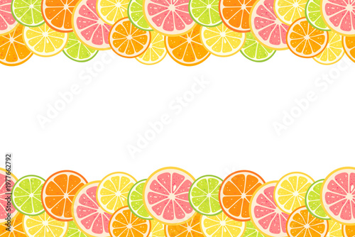 Juicy citrus fruits slices border frame with orange, lemon and lime on transparent background. Vector illustration in flat style