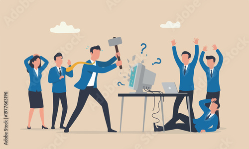 chaos together mistake concept, frustrated businessman hitting to break computer with hammer.