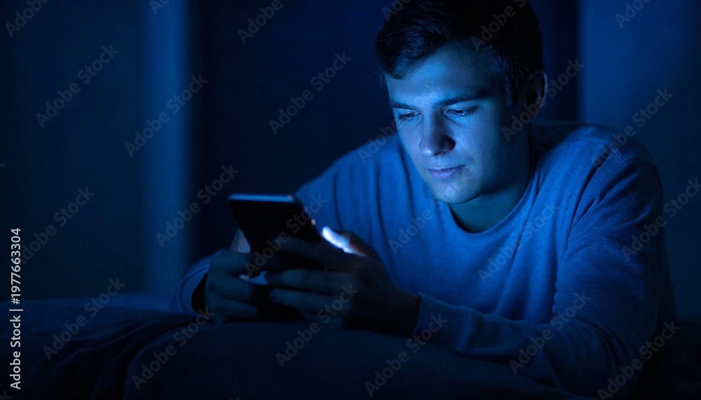 Fototapeta premium Young man in the glow of a smartphone screen, addiction and endless scrolling