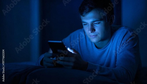 Young man in the glow of a smartphone screen, addiction and endless scrolling