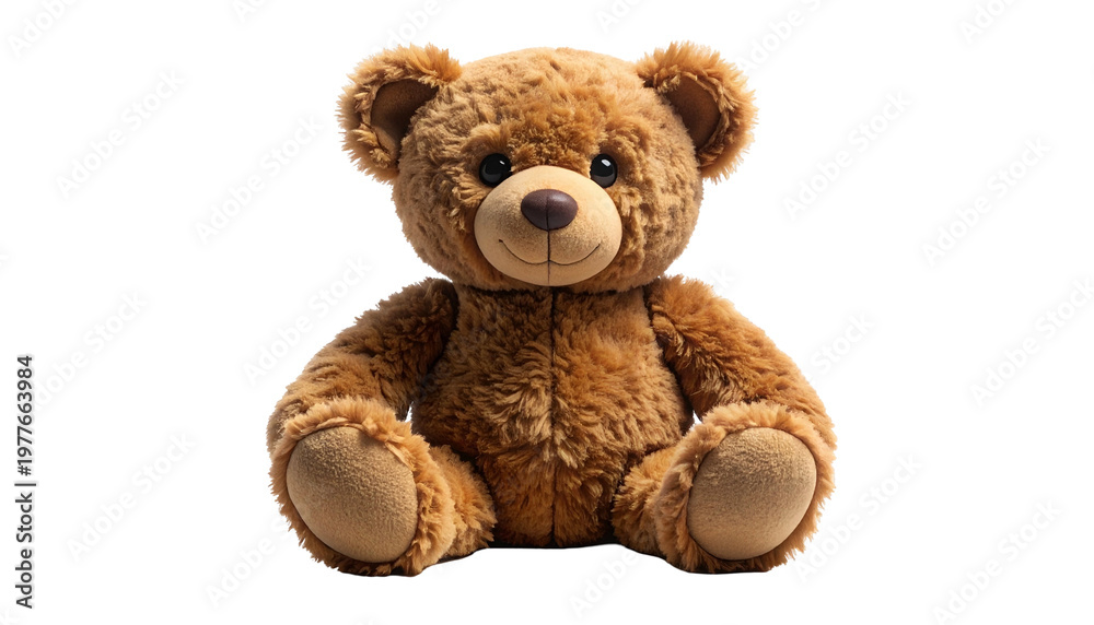 Fototapeta premium Plush brown teddy bear with dark eyes and a happy expression, isolated on black