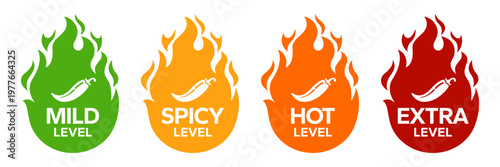 Red Chili Peppers Fire Flames icon. Chili mild level, spicy level, hot level, extra level Label. Hot Spicy green, yellow, orange icons. Logo Spicy. Extra chilli badge. Hand drawn. Vector illustration.