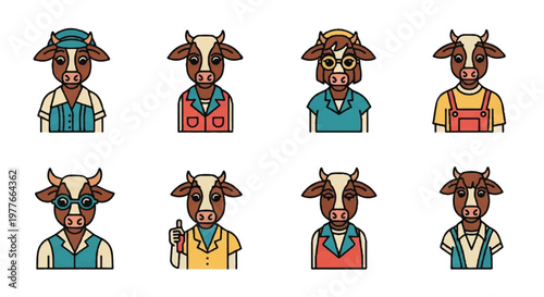 Stylized cow character illustrations with various outfits and expressions