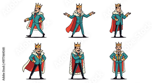 Cartoon king poses with crown and cape on white background