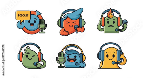 Cartoon characters with headphones and microphones for podcast illustration