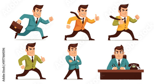 Cartoon businessmen in various poses and actions vector illustration