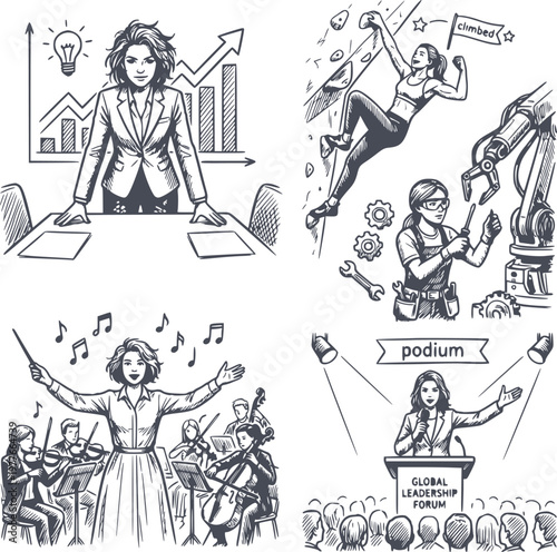 set of four hand drawn illustrations of women in leadership roles including business conductor climbing and engineering with black fill and no white fills