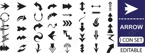 arrow icon set - solid icon collection vector illustration design. An arrow is a sleek, pointed projectile designed to fly swiftly and accurately toward its target, guided by precision and purpose.