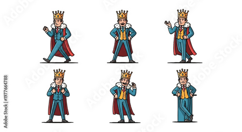 Cartoon king character poses vector illustrations