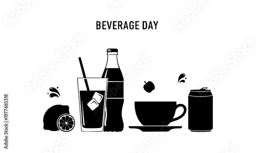 Beverage icons, drink symbols, coffee, soda, juice, tea, refreshment, daily consumption