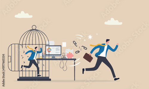 Break start pink piggy bank for freedom, resign from toxic workplace or retirement concept, confidence businessman break free from toxic working desk bird cage