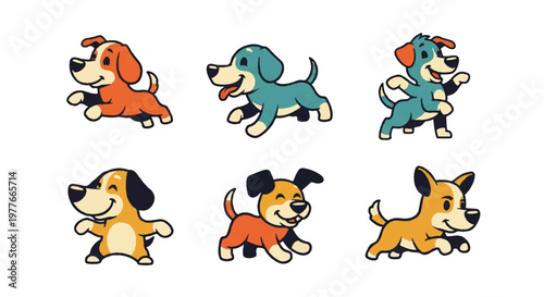 Cartoon dogs running various colors isolated on white background