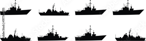 Collection of black silhouettes of warships and naval vessels navy military