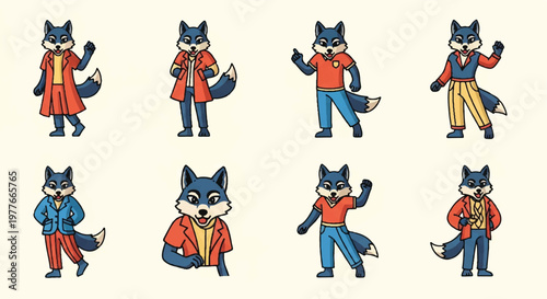 Cartoon fox characters posed in various outfits isolated on beige background