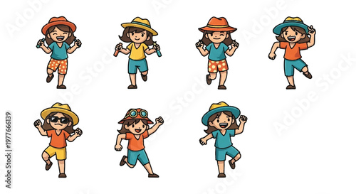 Cartoon illustrations of women in summer outfits and hats