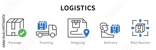 Conjunto de iconos de logística. Representa gestión de envíos. Incluye entrega, transporte, seguimiento, paquete, distribución. Ilustración vectorial