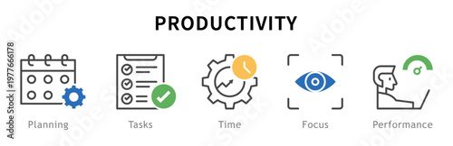Conjunto de iconos de productividad. Representa organización laboral. Incluye planificación, tareas, tiempo, enfoque, rendimiento. Ilustración vectorial