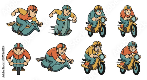 Cartoon illustrations of people riding scooters and motorcycles in various poses