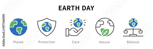 Conjunto de iconos del día de la tierra. Representa conciencia ambiental. Incluye planeta, protección, cuidado, naturaleza, equilibrio. Ilustración vectorial