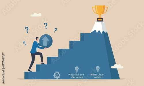Efficient peak clever solution concept, businessman winner walk up stair win business competition