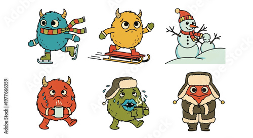 Cartoon monsters engaging in winter activities and displaying emotions