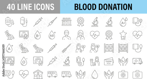 Collection of 40 line icons related to blood donation and medical care services