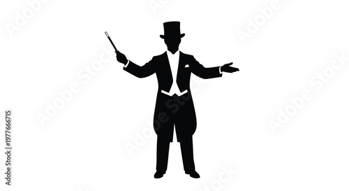 A distinguished magician performs a trick with a wand presented as a silhouette