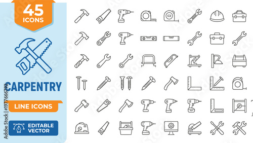 Collection of 45 carpentry line icons including tools and equipment for construction and DIY projects