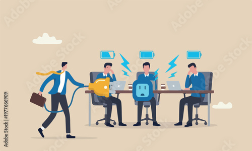 Recharge meeting mountain peak overworked or burn out concept, businessman manager holding huge electric plug to recharge low battery exhausted businessman worker.