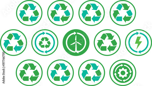 Collection of green recycling symbols and eco friendly icons on white background for sustainable concepts