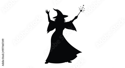 A magical witch casts a spell with a sparkling wand black silhouette