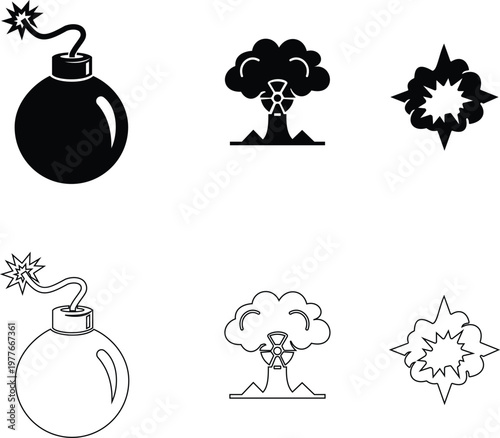 Bomb explosion nuclear blast icon set collection group in black flat and line style vector illustration, explosive dynamite grenade detonation symbol pack minimal outline design bundle