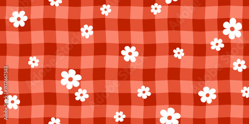 Checkered seamless pattern with chamomile flowers