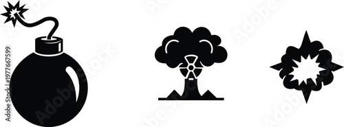 Bomb explosion nuclear blast icon set collection group in black flat and line style vector illustration, explosive dynamite grenade detonation symbol pack minimal outline design bundle
