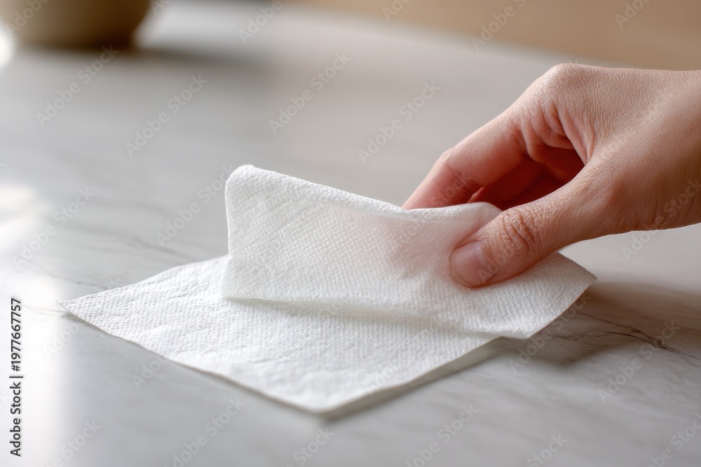 Fototapeta premium Hands wiping a smooth surface with a disposable disinfectant wipe in bright natural light