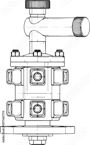 Industrial valve with lever mechanism detail.