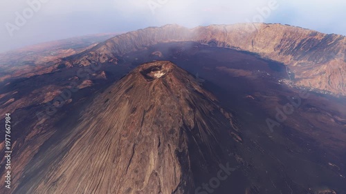 Circular aerial view of an island in the volcanic mountain Pico do Fogo. Cape Verde