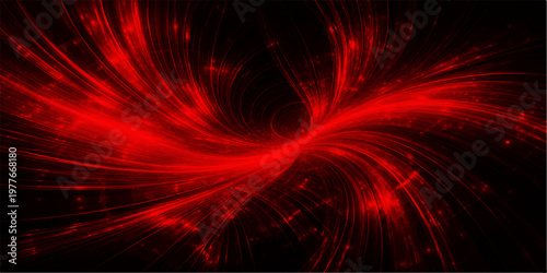 Fiery abstract, showcasing a dynamic interplay of energetic crimson strands, forming a captivating visual display against an enveloping dark background.