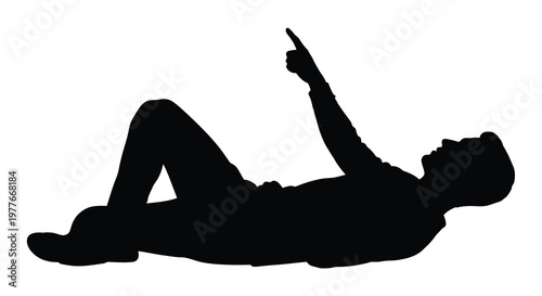 A reclining man points upwards creating a striking black shape silhouette