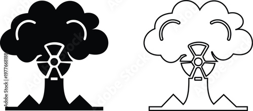 Bomb explosion nuclear blast icon set collection group in black flat and line style vector illustration, explosive dynamite grenade detonation symbol pack minimal outline design bundle