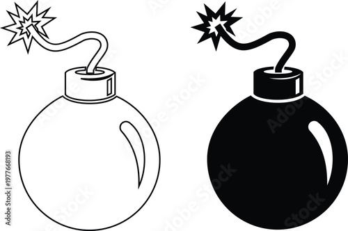 Bomb explosion nuclear blast icon set collection group in black flat and line style vector illustration, explosive dynamite grenade detonation symbol pack minimal outline design bundle