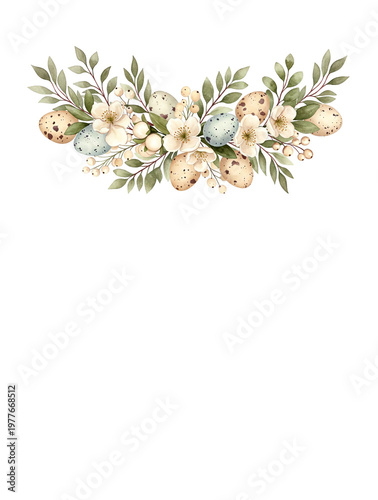 Whimsical Vintage Easter Watercolor Wreath: Dotted Eggs, Ethereal White Petals, Verdant Foliage & Berry Sprigs Evoking Timeless Spring Magic
