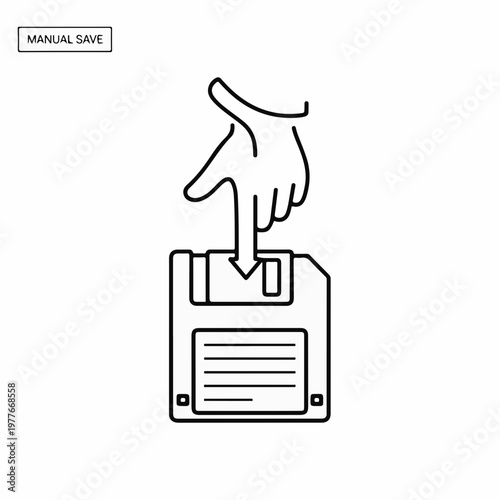 Manual Save Icon with Hand Holding Diskette for Interface Elements, Digital Design, User Experience, and Technical Websites