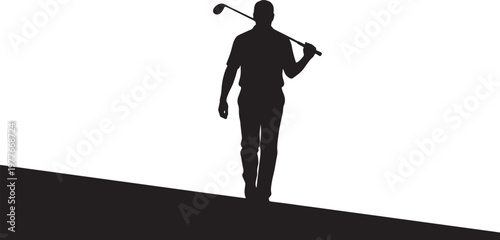 A male golfer in black silhouette walking across a dark grey golf course with a checkered grey and white background holding a golf driver on his shoulder.
