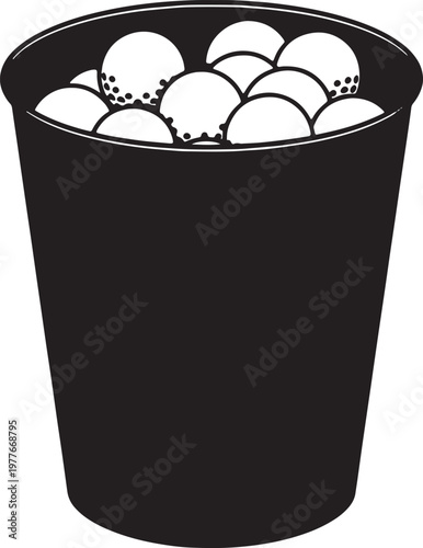 Bucket filled with golf balls silhouette for sports training vector illustration isolated on transparent background black bucket of golf balls for driving range practice session.